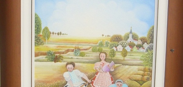 Kosidba, naiva, ulje na platnu, uramljena, 30×35 cm, slikar Jan Zolnaj, 29500 dinara