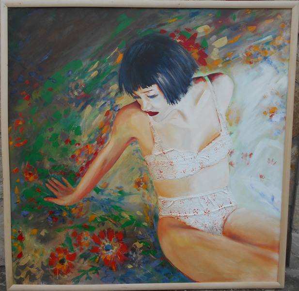 Zena u cvecu, ulje na platnu, 90×90 cm, akademski sl. Goran Bankovic, sertifikat, 35400 dinara