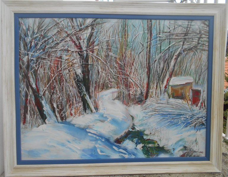 Zima, ulje na platnu, uramljena, sa 71×91 cm, bez 59×78 cm, akademski sl. Goran Bankovic, sertifikat, 47200 dinara