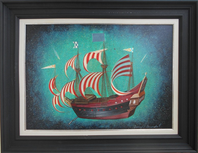 Crveno beli jedrenjak, prof. FLU Nenad Stankovic, ulje na platnu, sa 69×89 cm, bez 50×70 cm, sertifikat, 59000 dinara