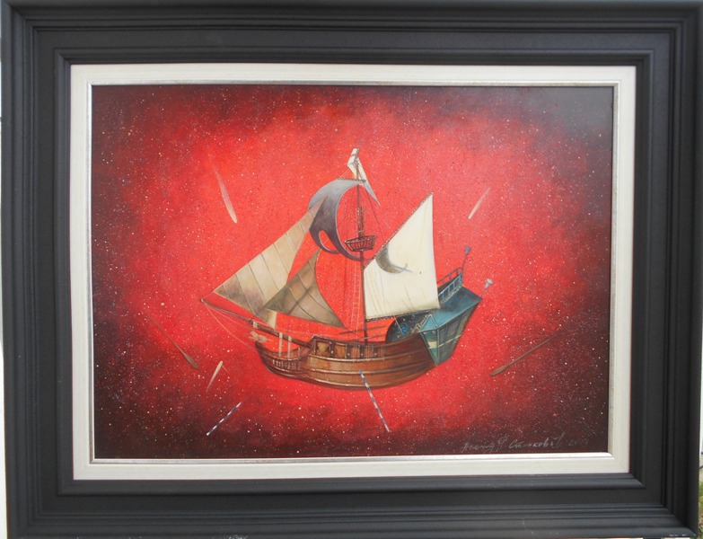 Jedrenjak u vatrenim prostorima, prof. FLU Nenad Stankovic, ulje na platnu, sa 69×89 cm, bez 50×70 cm, sertifikat, 59000 dinara