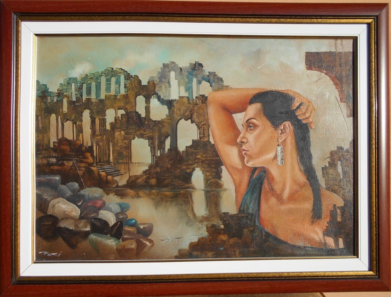 Devojka i hram, ulje na platnu, sa 50×67 cm, bez 38×56 cm, uramljena, Dejan Deki Milivojevic, 33040 dinara