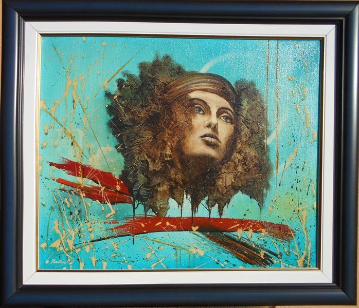 Glava u plavom, ulje na platnu, sa 49×58 cm, bez 38×46 cm, uramljena, Dejan Deki Milivojevic, 29500 dinara