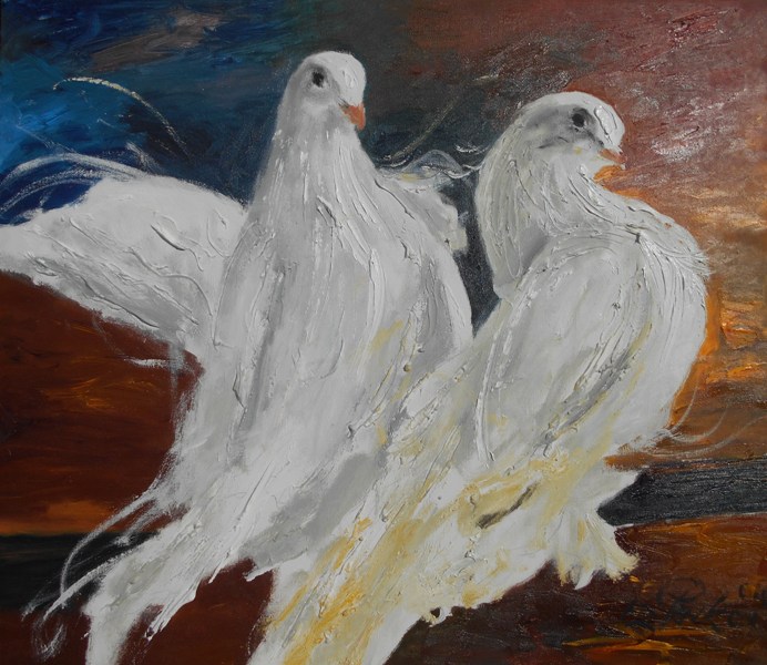 Golubovi, ulje na platnu, 60×70 cm, akademski slikar M. Penkov, sertifikat, 29500 dinara