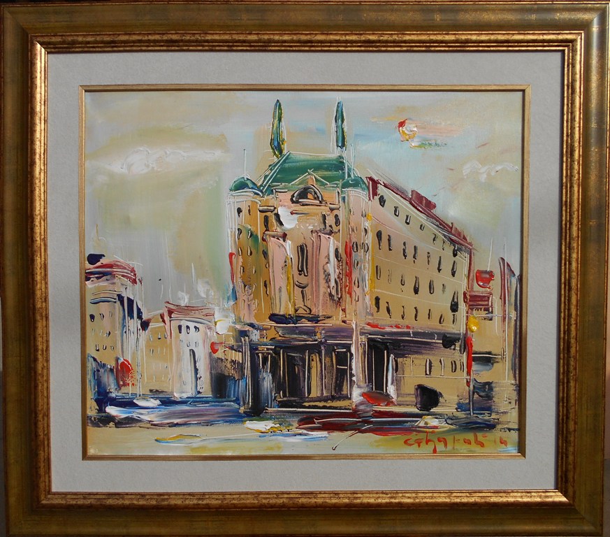Hotel Moskva, Stojan Djuric, sa 74×84 cm, bez 50×60 cm, akril na platnu, luxuzno uramljena, sertifikat, 53100 dinara