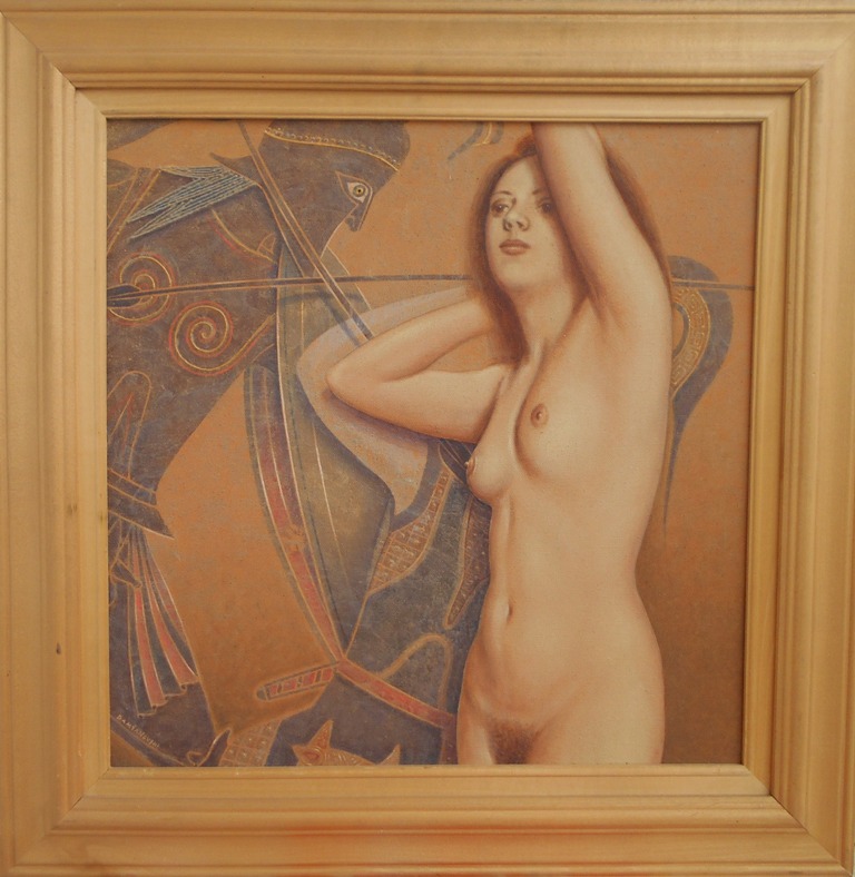 Secanje na Ahila, Bozidar Damjanovski, akril-glina na platnu, sa 53×53 cm, bez 40×40 cm, 1992., sertifikat, 106200 dinara