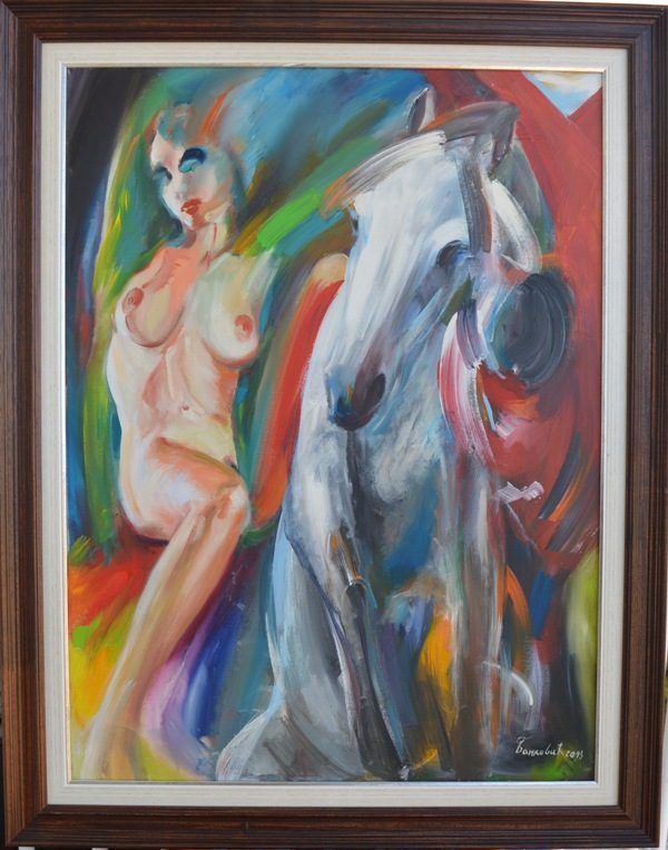 Dama i konj, akademski sl. Goran Bankovic, ulje na platnu, sa 94×74 cm,  bez 80×60 cm, sertifikat, 29500 dinara