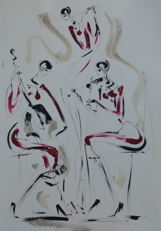 Trio muzicarki II, kombinovana ulje i crtez na papiru, 100×70 cm, akademski Dusan Rajsic, sertifikat, 35400 dinara