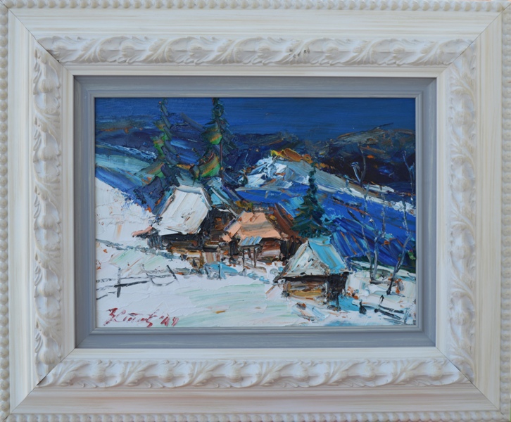 Zima 7, Đorđe Stanić, ulje na lesonitu, lux ram, sa 45×54 cm, bez 25×34 cm, sertifikat, 14160 dinara