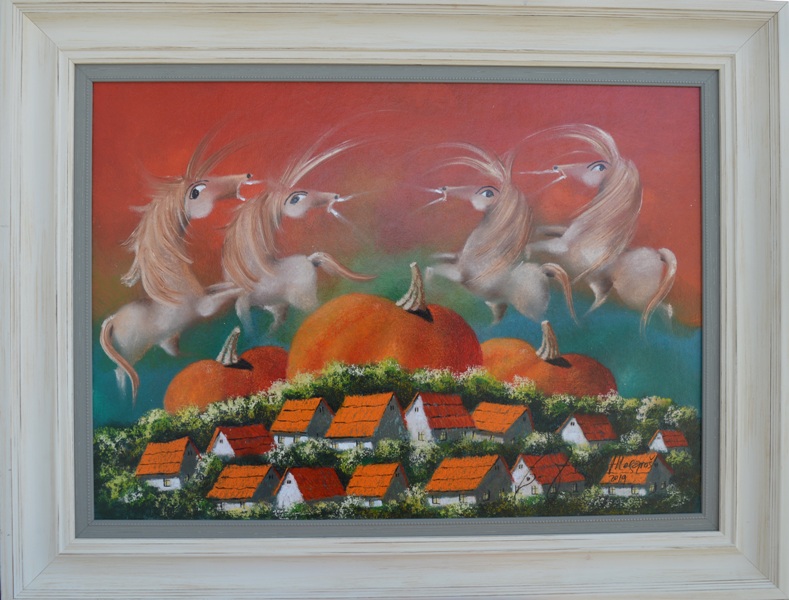 9 U tem Somboru, Janos Mesaros, kombinovana pastel ulje lak na lesonitu, sa 69×89 cm, bez 50×70 cm, sertifikat, 70800 dinara