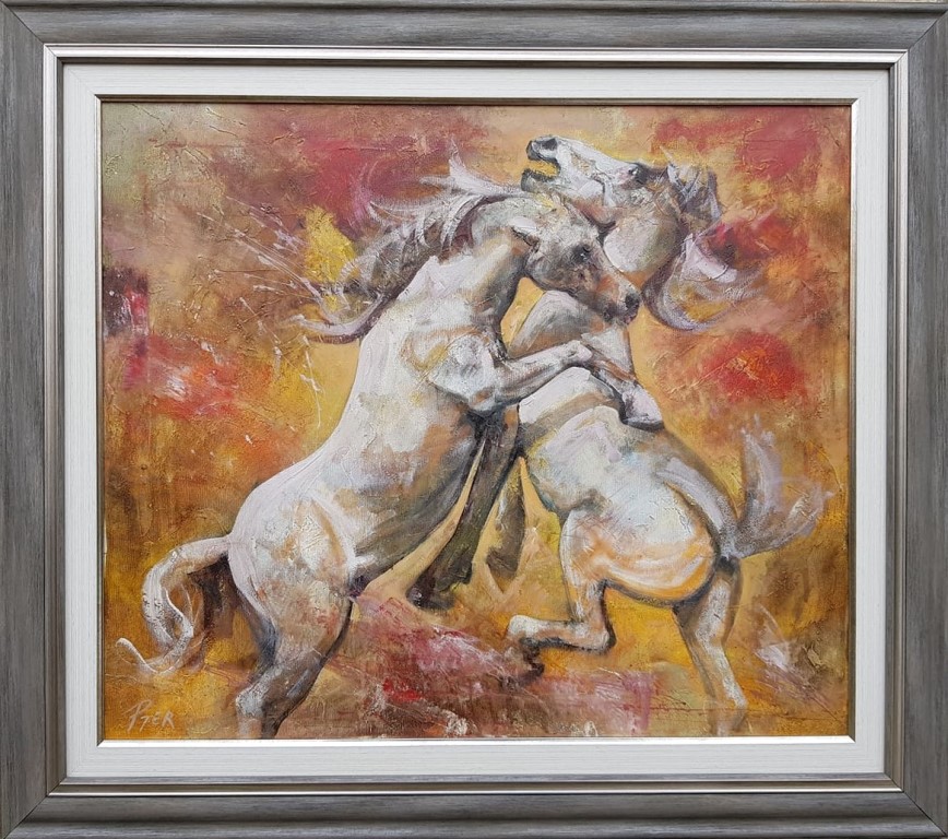 Konji, ulje na platnu, sa 78×88 cm, bez 60×70 cm, akademski slikar Nebojsa Petrovic Petra, sertifikat, 42480 dinara
