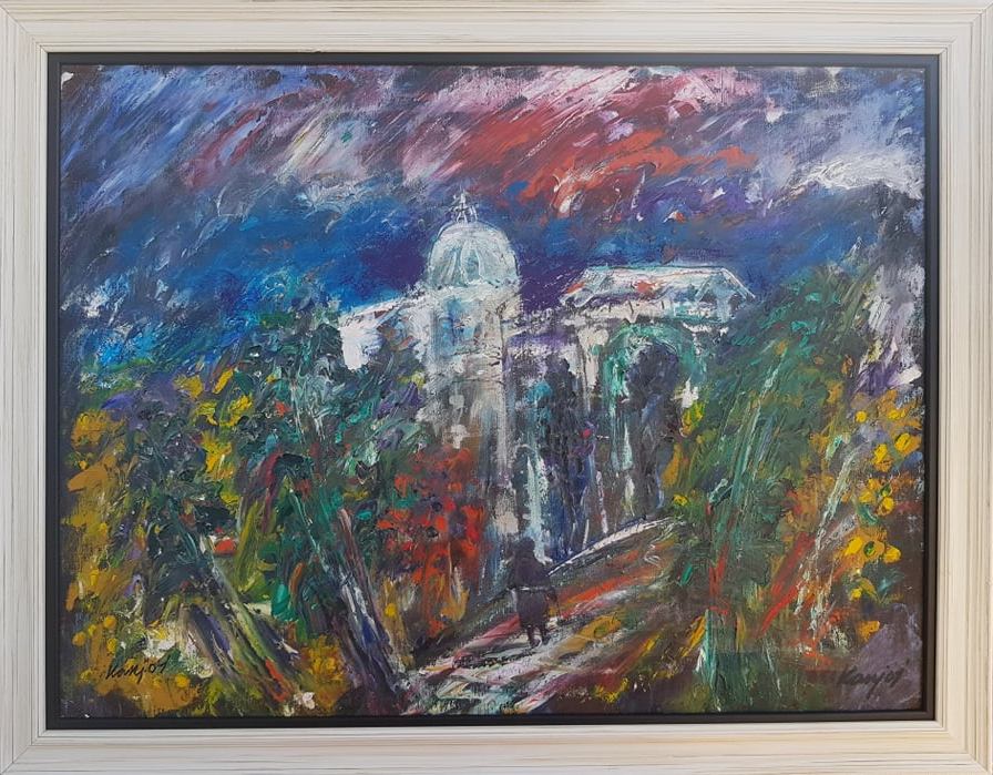 Manastir, ulje na platnu, sa 70×90 cm, bez 60×80 cm, Novakovic Milivoje Kanjos, sertifikat, 59000 dinara