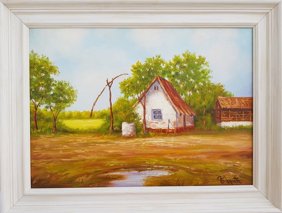 Kuca kraj bunara, ulje na platnu, sa 63×83 cm, bez 50×70 cm, Miomir Badzic, sertifikat, 29500 dinara