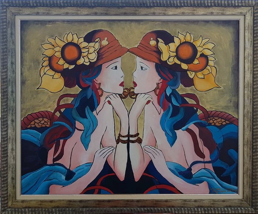 Devojka sa suncokretom, Dusko Trifunovic, sa 97×117 cm, bez 80×100 cm, ulje na platnu, lux ram, sertifikat, 70800 dinara
