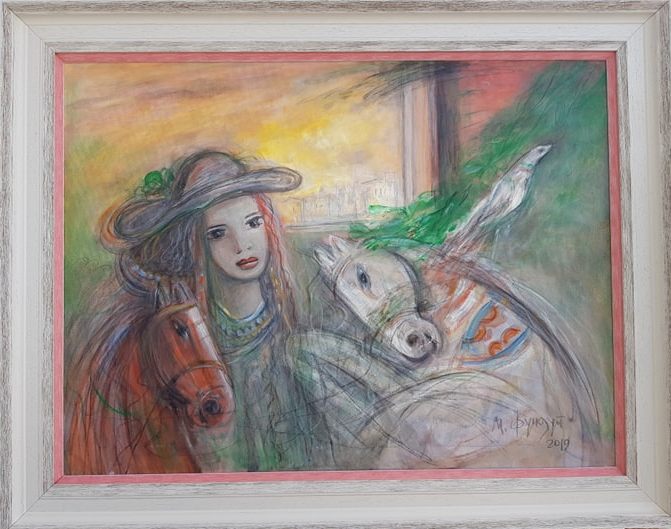 Dama i konji, Momcilo Moma Fundup, ulje na platnu, sa 73×93 cm, bez 60×80 cm, sertifikat, 59000 dinara