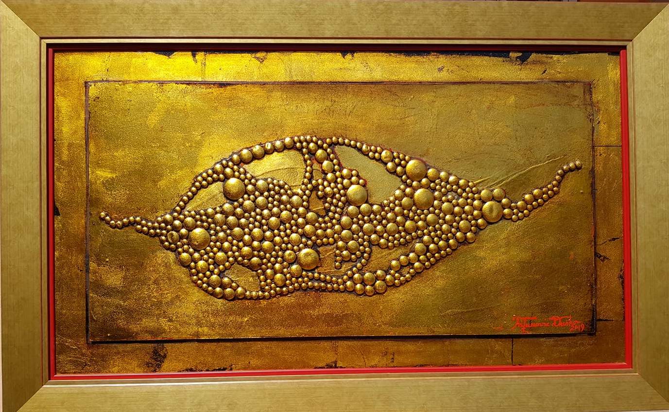 Nadahnuce zelja, Dusko Trifunovic, sa 70×103 cm, bez 55×98 cm, metalne nitne pozlata i ulje na lesonitu, sertifikat, 118000 dinara