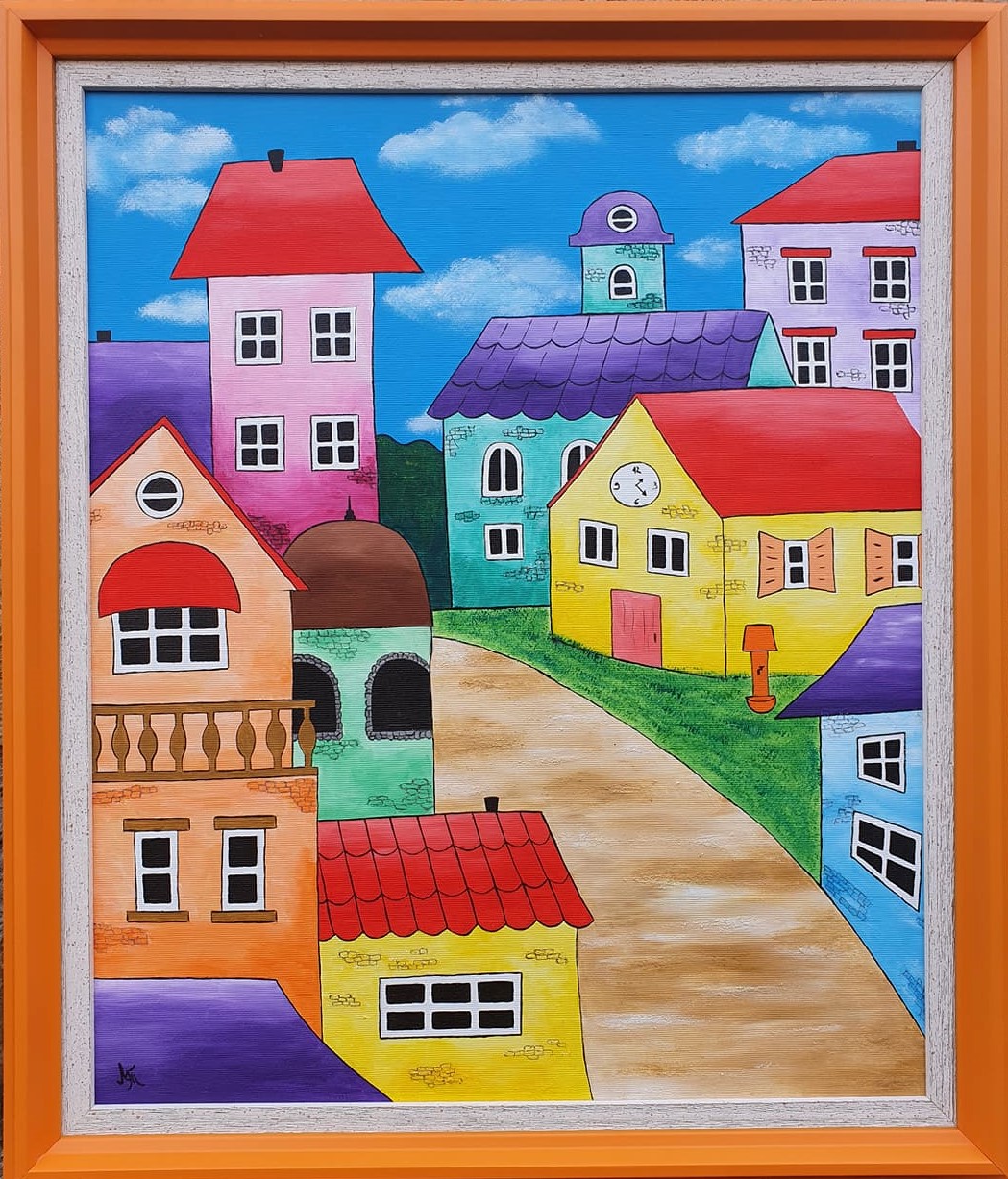 Ulica na brdu, akril na platnu, sa 70×60 cm, bez 60×50 cm, Tijana L., sertifikat, 16520 dinara