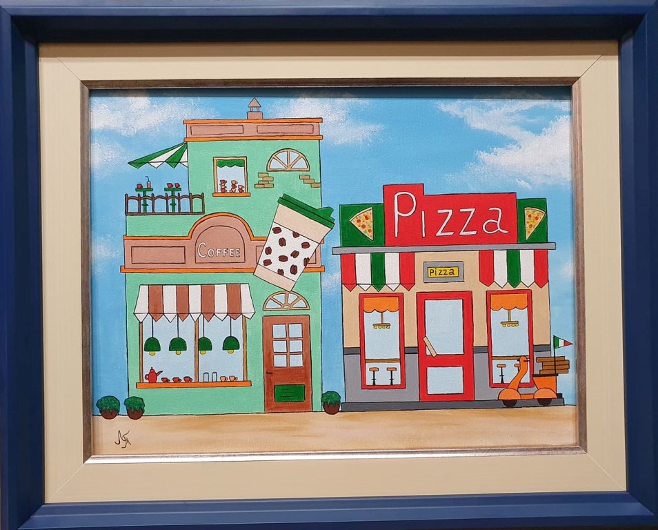 Coffe & pizza, akril na platnu, sa 41×51 cm, bez 30×40 cm, Tijana L. , sertifikat, 7080 dinara