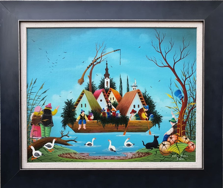 Ribarenje, Pavel Cicka, Naiva Kovačica, ulje na platnu kaširano na lesonit, uramljena, sa 66×56 cm, bez 50×40 cm, sertifikat, 70800 dinara