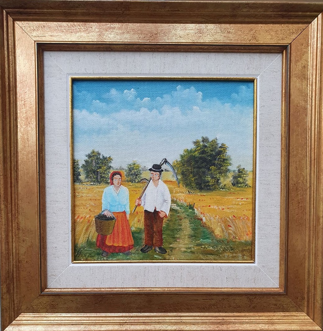 Žetva, Jozef Havjar, Naiva Kovačica, ulje na platnu kaširano na lesonit, uramljena, sa 33×33 cm, bez 22×22 cm, sertifikat, 17700 dinara