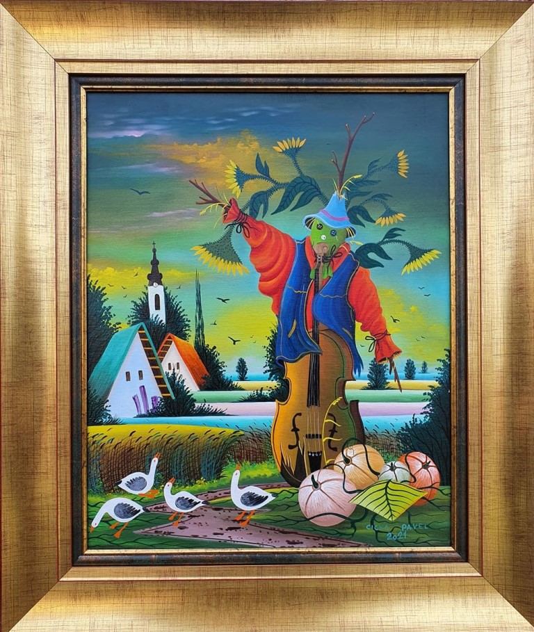 Strašilo 1, Pavel Cicka, Naiva Kovačica, ulje na platnu kaširano na lesonit, uramljena, sa 66×56 cm, bez 50×40 cm, sertifikat, 70800 dinara