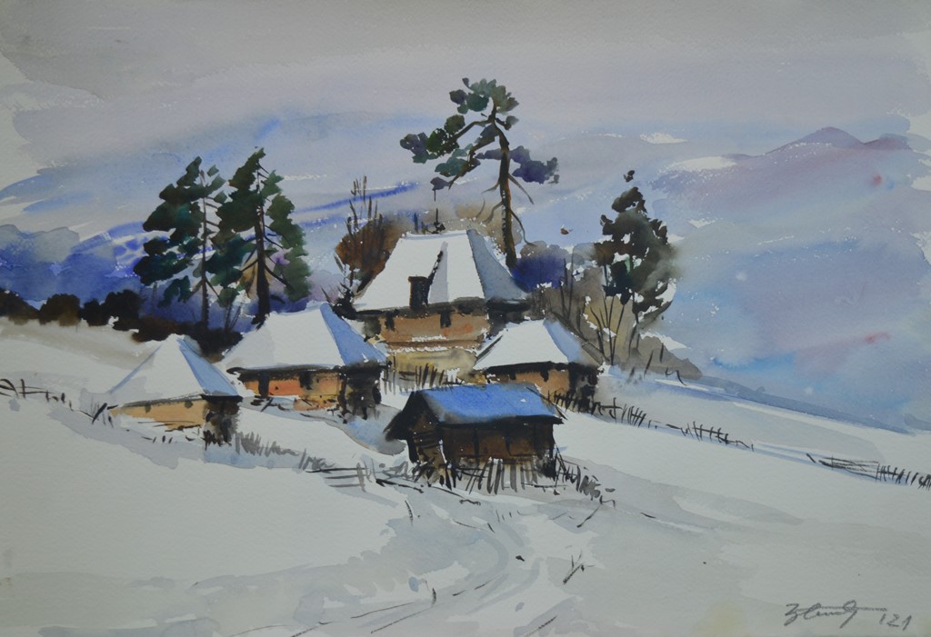 Zima na Zlatiboru, Đorđe Stanić, akvarel na papiru, 37×56 cm, sertifikat, 11800 dinara