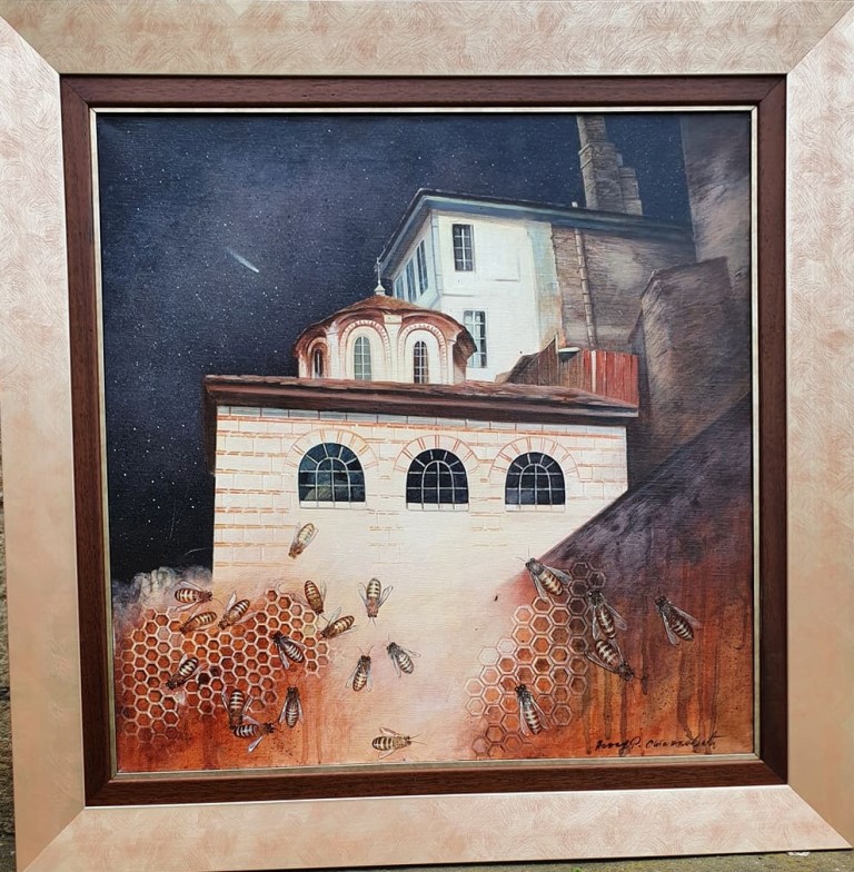 Hilandarsko saće, prof. FLU Nenad Stankovic, akril ulje na platnu, sa 77×77 cm, bez 60×60 cm, sertifikat, 106200 dinara