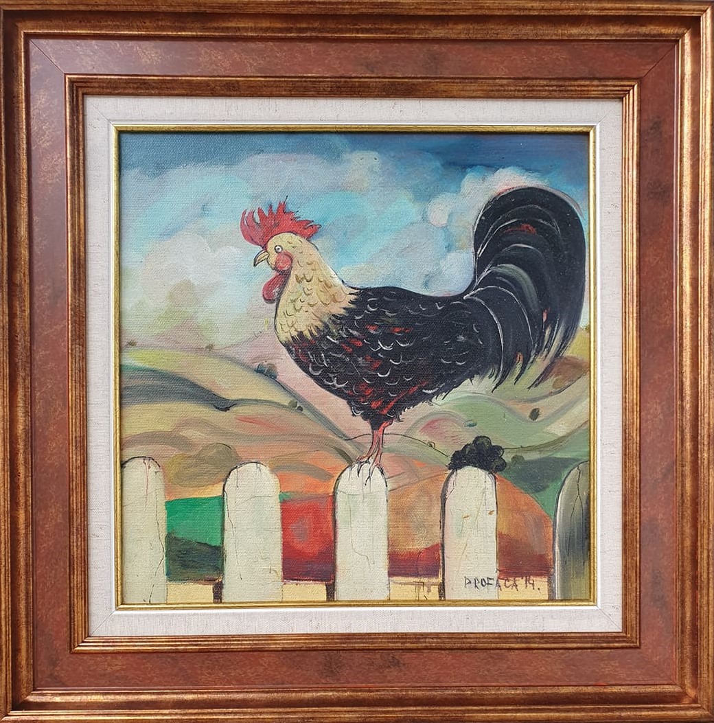 Petao, Marin Profaca, ulje na lesonitu, luks uramljena, sa 46×46 cm, bez 30×30 cm, sertifikat, 17700 dinara