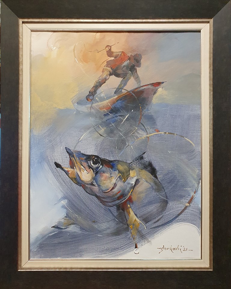 Ribar, akril ulje na platnu, akademski Braca Djurkovic, lux ram, sa 98×78 cm, bez 80×60 cm, sertifikat, 2021., 177000 dinara