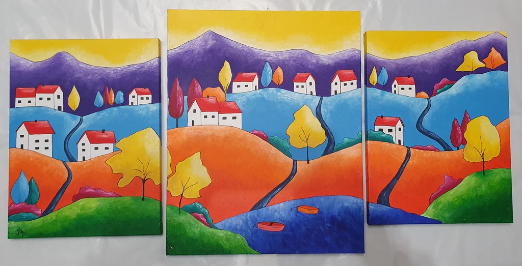 Triptih, akril na platnu, jedna slika 50×40 cm i dve slike su 40×30 cm, Tijana L. , sertifikat, 21240 dinara
