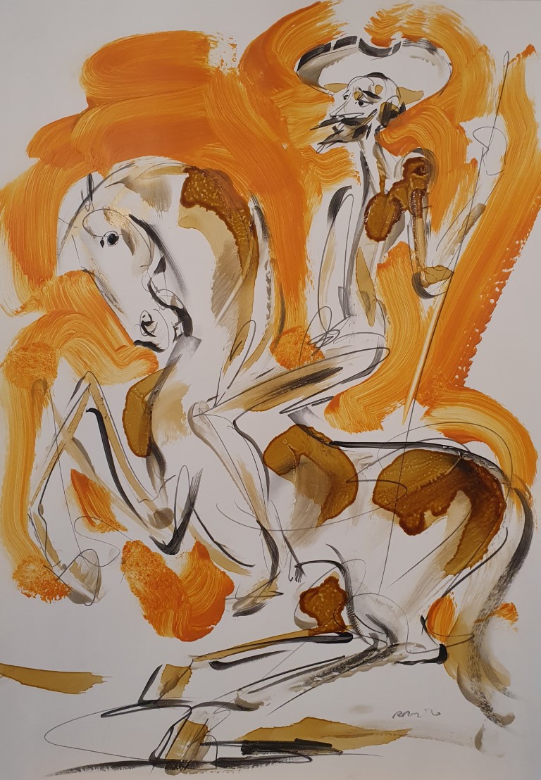 Don Kihot 7, kombinovana ulje i crtez na papiru, 50×35 cm, akademski Dušan Rajšić, sertifikat, 9440 dinara