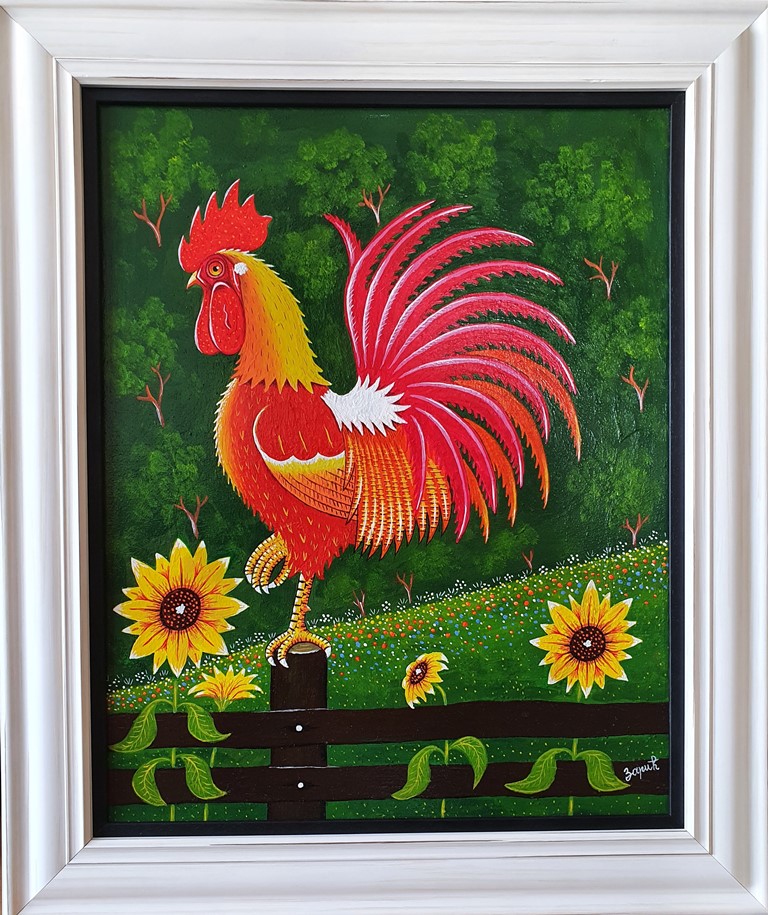 Petao 1, ulje na platnu, sa 53×63 cm, bez 40×50 cm, uramljena, Zoran Zarić, sertifikat, 31270 dinara