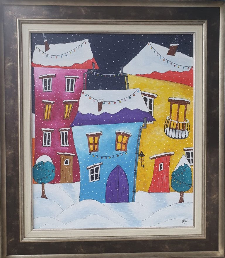 Zimsko veče, akril na platnu, sa 70×60 cm, bez 60×50 cm, Tijana L. , sertifikat, 16520 dinara