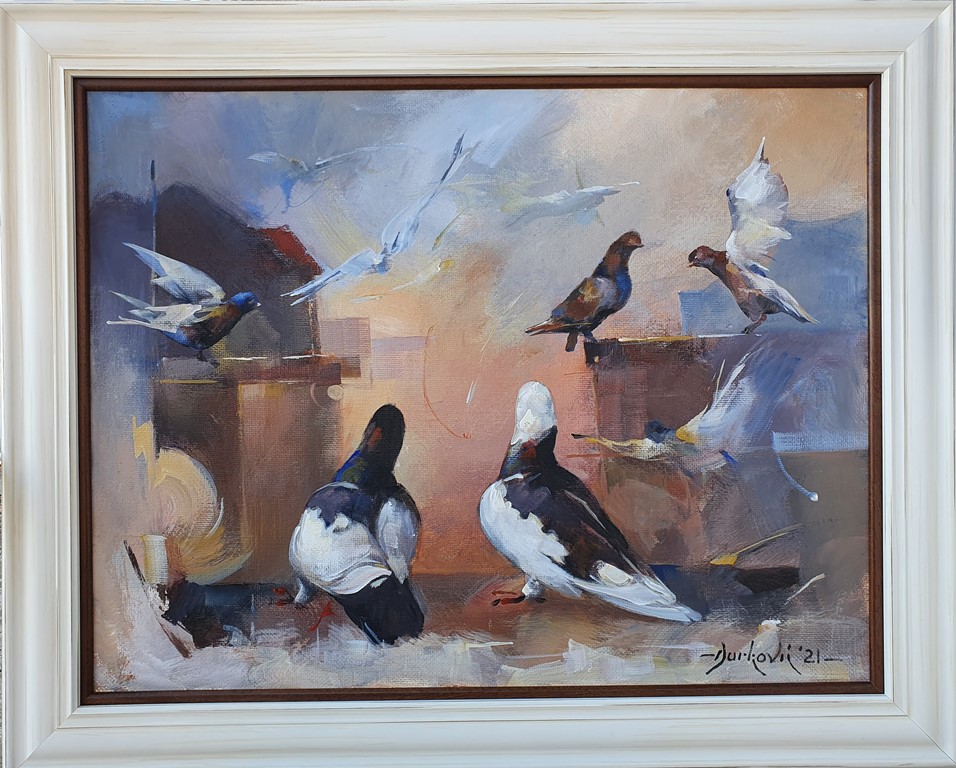 Golubovi, akril ulje na platnu, akademski Braca Djurkovic, sa 63×78 cm, bez 50×65 cm, lux ram, sertifikat, 2021., 153400 dinara