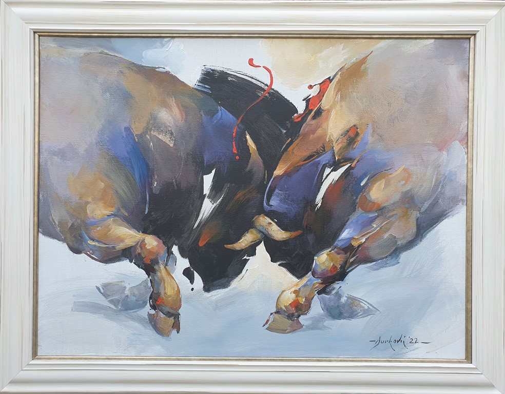 Borba bikova II, akril ulje na platnu od jute, akademski Braca Djurkovic, sa 73×93 cm, bez 60×80 cm, sertifikat, 2022., 177000 dinara