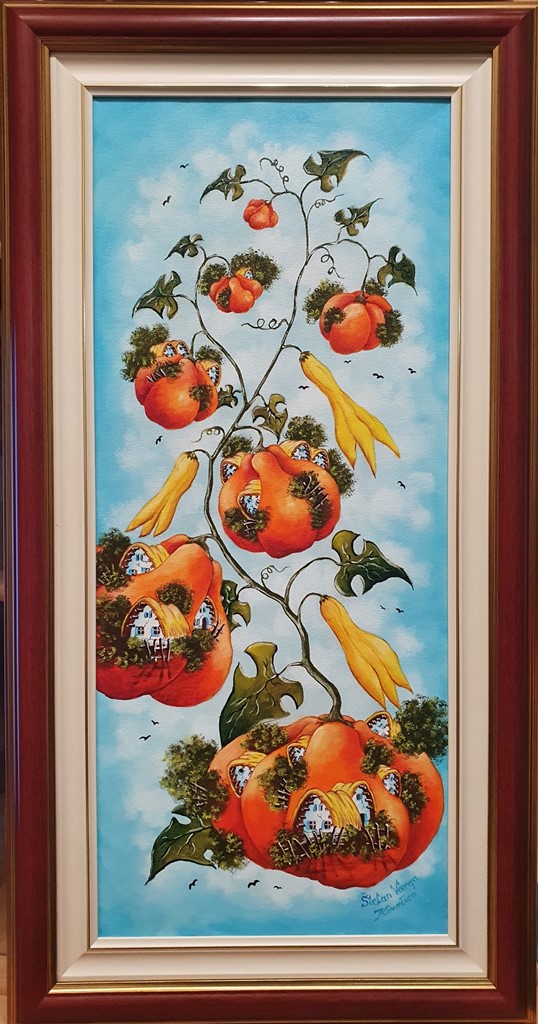 Svet bundeva, Štefan Varga, Naiva Kovačica, ulje na platnu, uramljena, sa 84×44 cm, bez 70×30 cm, sertifikat, 88500 dinara