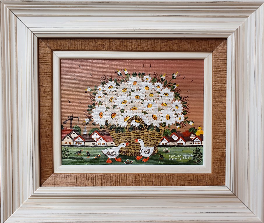 Bele margarite, Zuzana Vereski, Naiva Kovačica, ulje na platnu kaširano lesonit, sa 28×33 cm, bez 15×20 cm, sertifikat, 27140 dinara