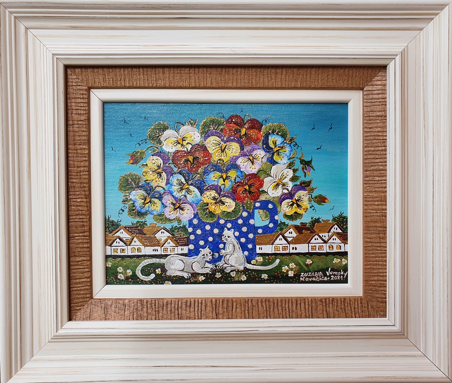 Lepota življenja, Zuzana Vereski, Naiva Kovačica, ulje na platnu kaširano lesonit, sa 28×33 cm, bez 15×20 cm, sertifikat, 27140 dinara