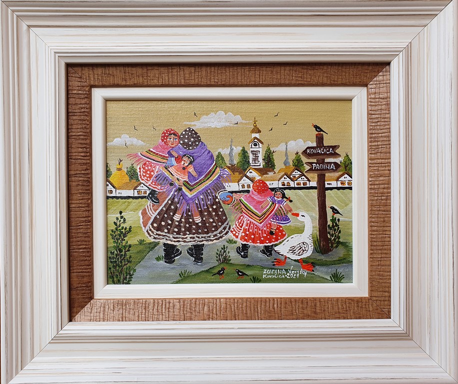Poseta baki nedeljom, Zuzana Vereski, Naiva Kovačica, ulje na platnu kaširano lesonit, sa 28×33 cm, bez 15×20 cm, sertifikat, 27140 dinara
