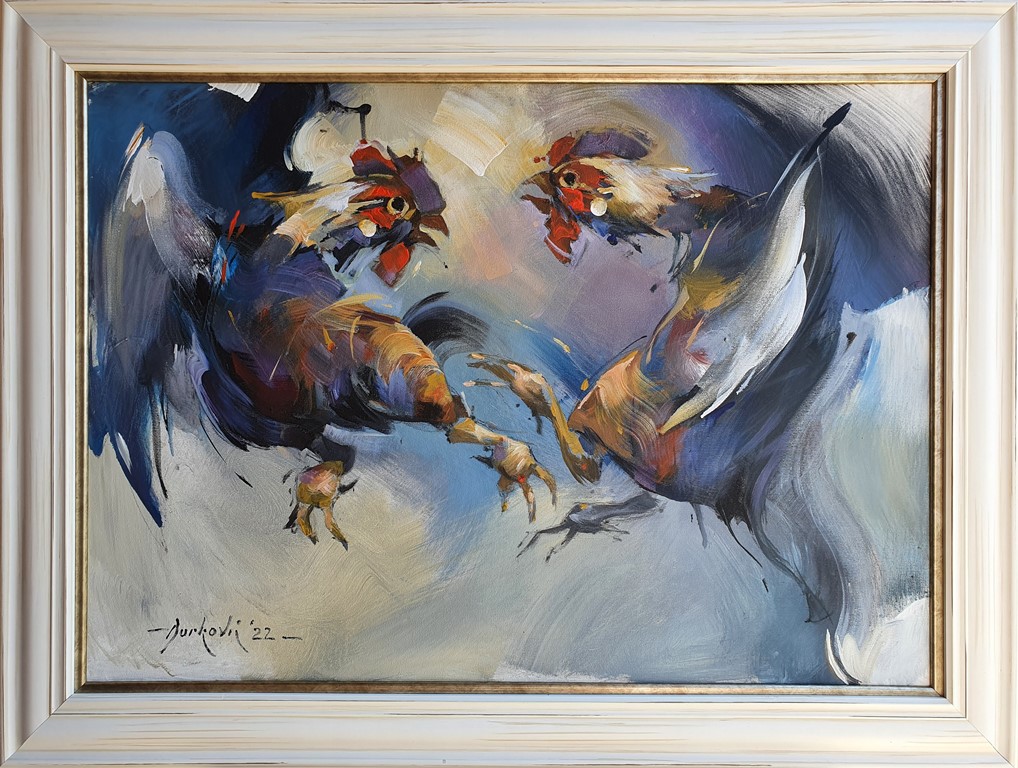 Borba petlova, akril ulje na platnu od jute, akademski Braca Djurkovic, sa 63×83 cm, bez 50×70 cm, sertifikat, 2022., 153400 dinara