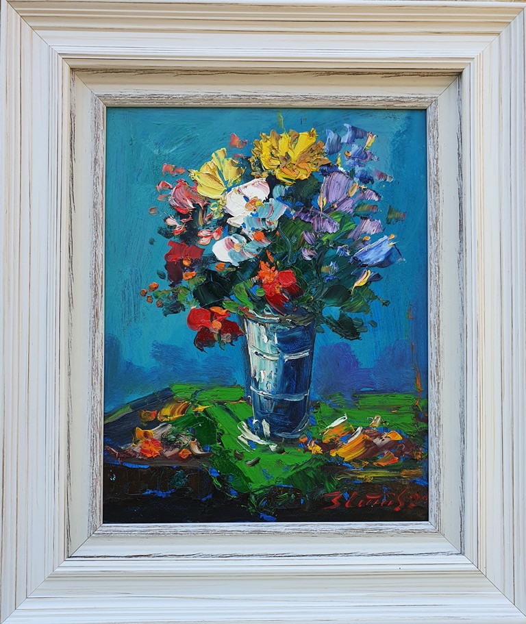 Cveće 4, Đorđe Stanić, ulje na lesonitu, sa 45×38 cm, bez 32×25 cm, sertifikat, 15340 dinara