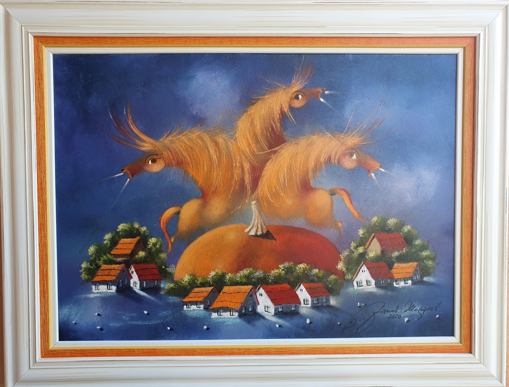 Idila, Janoš Mesaroš, ulje na platnu kombinovana tehnika, sa 67×87 cm, bez 50×70 cm, sertifikat, lux ram, 2020., 212400 dinara