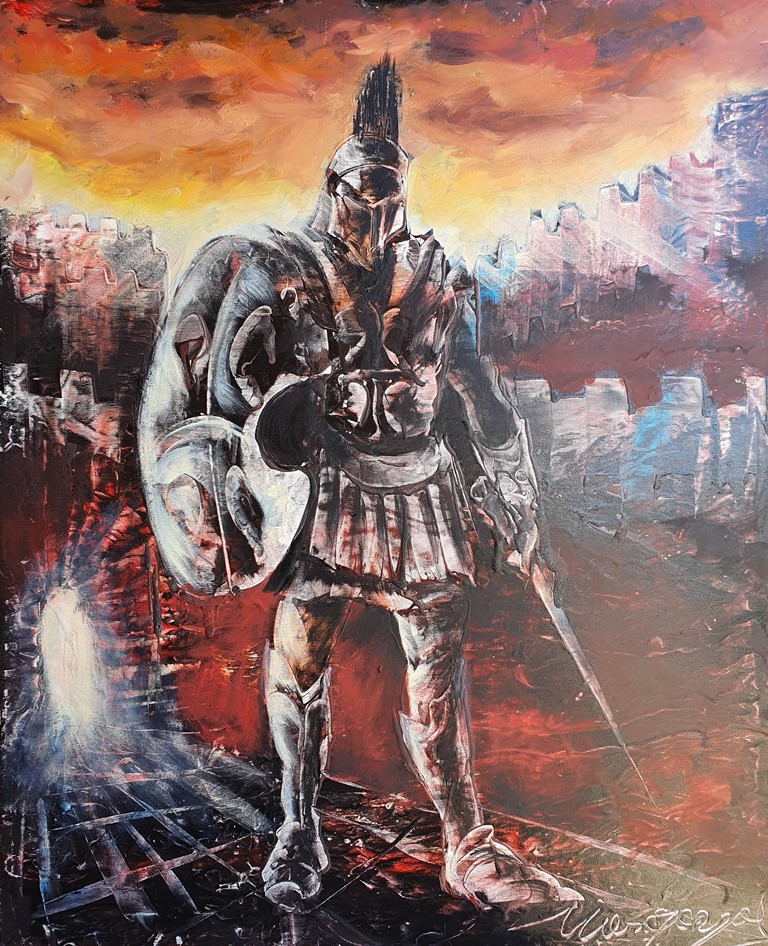 Vitez, Monegorijas, ulje na platnu kombinovana tehnika, 80×65 cm, sertifikat, 41300 dinara