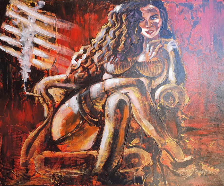 Zavodnica, Monegorijas, ulje na platnu kombinovana tehnika, 80×65 cm, sertifikat, 41300 dinara