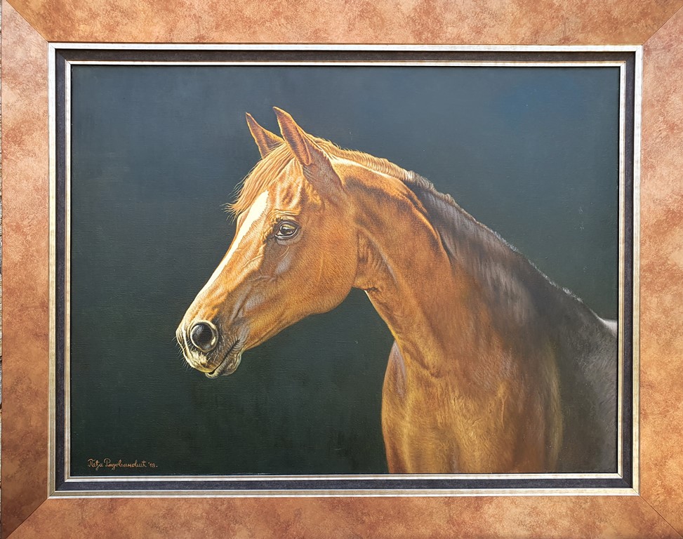 Braon konj – Oranž, ulje na platnu, sa 76×96 cm, bez 60×80 cm, Predrag Peđa Radovanović, sertifikat, lux uramljena, 94400 dinara