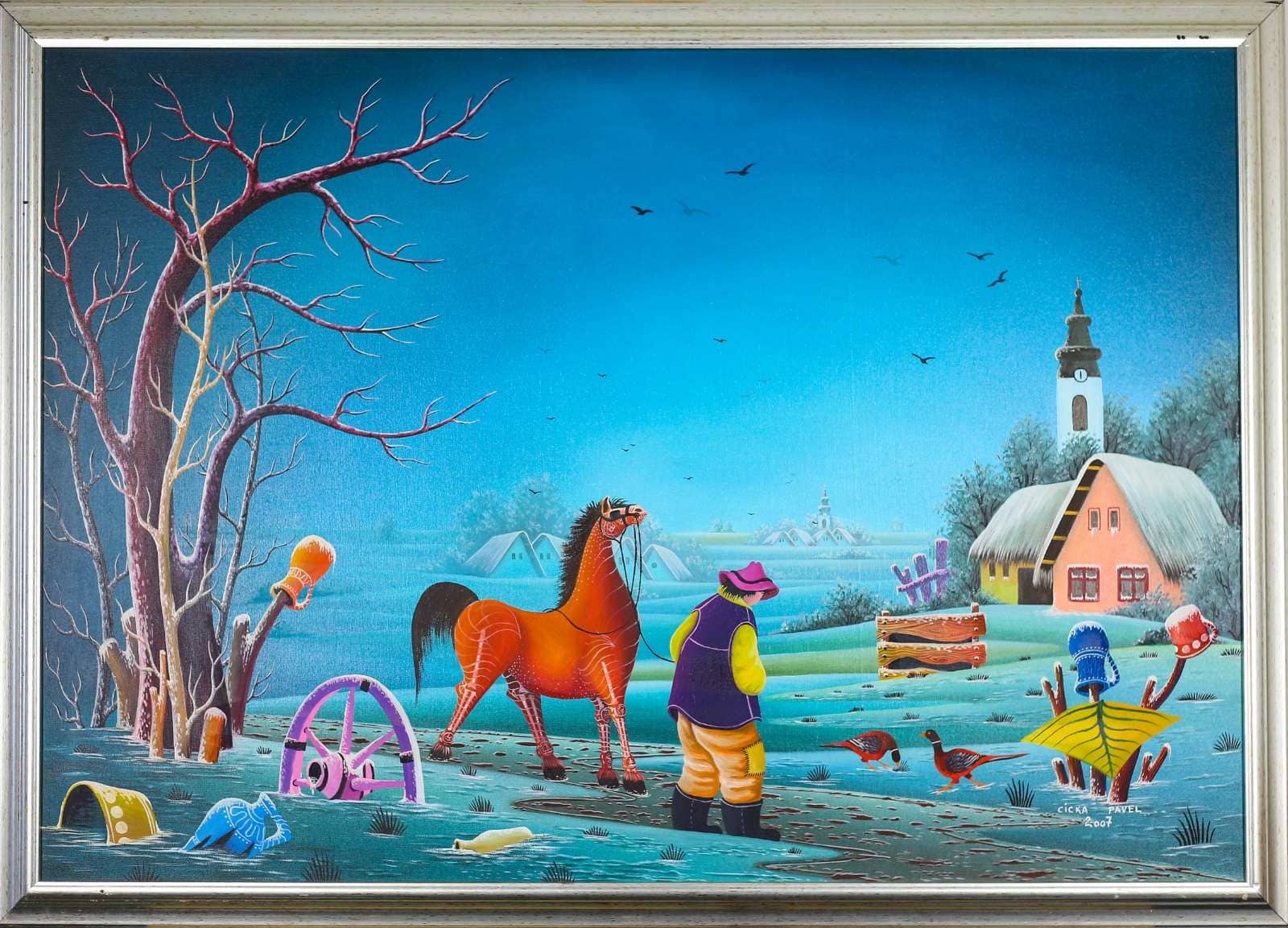 Kovačica, Pavel Cicka, Naiva Kovačica, ulje na platnu, uramljena, sa 78×108 cm, bez 70×100 cm, sertifikat, 177000 dinara