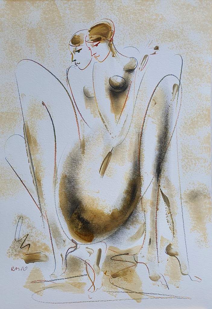 Dve gracije 3, kombinovana ulje i crtez na papiru, 42×30 cm, akademski Dušan Rajšić, sertifikat, 10620 dinara