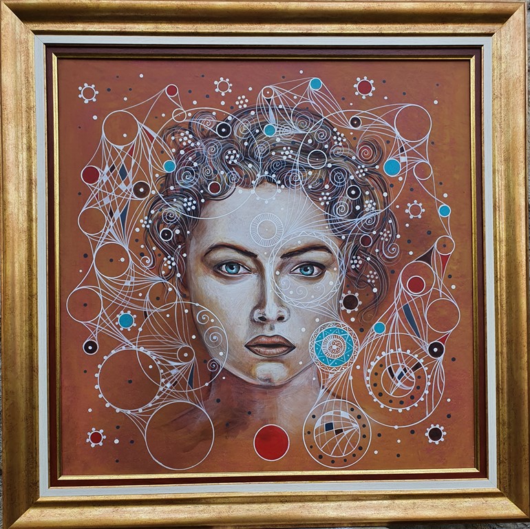Venerina senka, akril na platnu, luksuzno uramljena, sa 74×74 cm, bez 60×60 cm, sertifikat, Violeta Cvetkovska, 70800 dinara