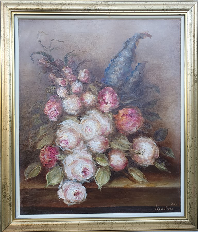 Buket ruža, Kosovka Marinković, ulje na platnu, sertifikat, sa 76×65 cm, bez 65×54 cm, 59000 dinara