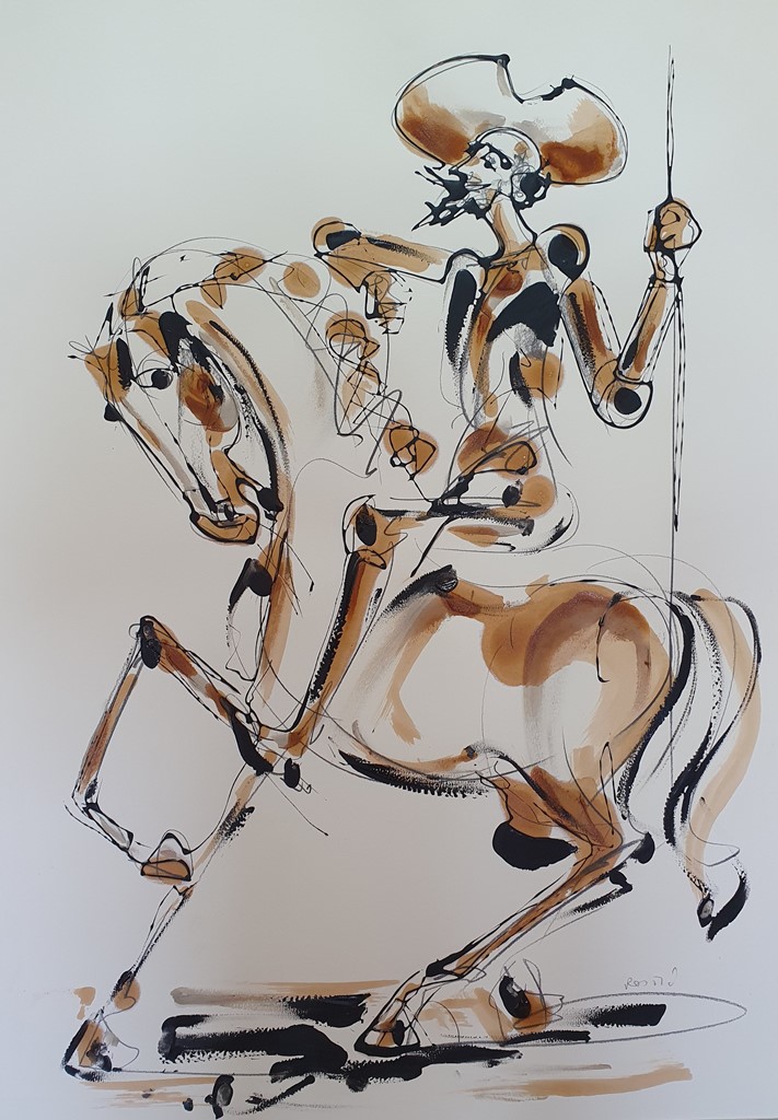 Don Kihot, kombinovana ulje i crtez na papiru, 100×70 cm, akademski Dušan Rajšić, sertifikat, 35400 dinara